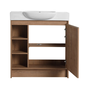 English Elm 30'' Freestanding vanity with white ceramic sink, soft-close doors, water-resistant melamine finish, modern handle design Imitative Oak W999P310754