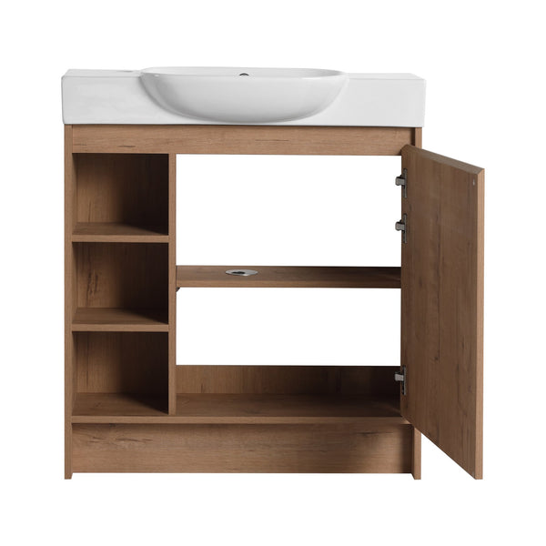 English Elm 30'' Freestanding vanity with white ceramic sink, soft-close doors, water-resistant melamine finish, modern handle design Imitative Oak W999P310754
