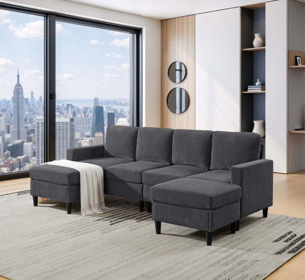 English Elm Cordory Corduroy Modular Sectional with Ottomans Retro Exposed Legs Living Room Dark Gray B2748S00032