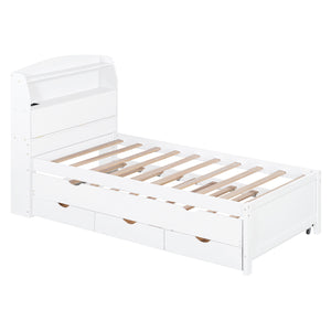 English Elm Twin LED Platform Bed with Trundle and Under-Storage Drawers, Flip-Up Headboard, USB Ports White N820S10008K