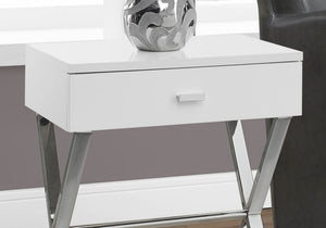 English Elm Accent Elegant Modern Side Table with Glossy Laminate, Chrome Base and Drawer for Living Spaces White 22 L x 14 W x 7 H B2710P219241