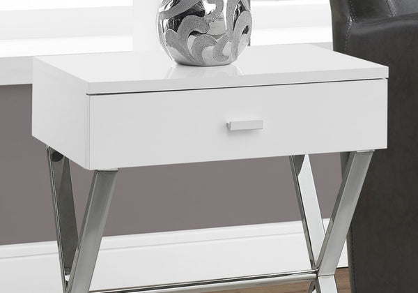 English Elm Accent Elegant Modern Side Table with Glossy Laminate, Chrome Base and Drawer for Living Spaces White 22 L x 14 W x 7 H B2710P219241
