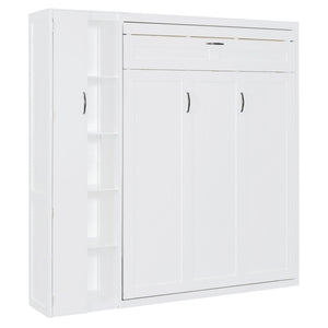 English Elm Full Size Murphy Bed with Open Shelving Wardrobe and Led Lighting for Studio Spaces White LP000898AAK