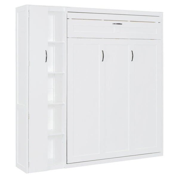 English Elm Full Size Murphy Bed with Open Shelving Wardrobe and Led Lighting for Studio Spaces White LP000898AAK