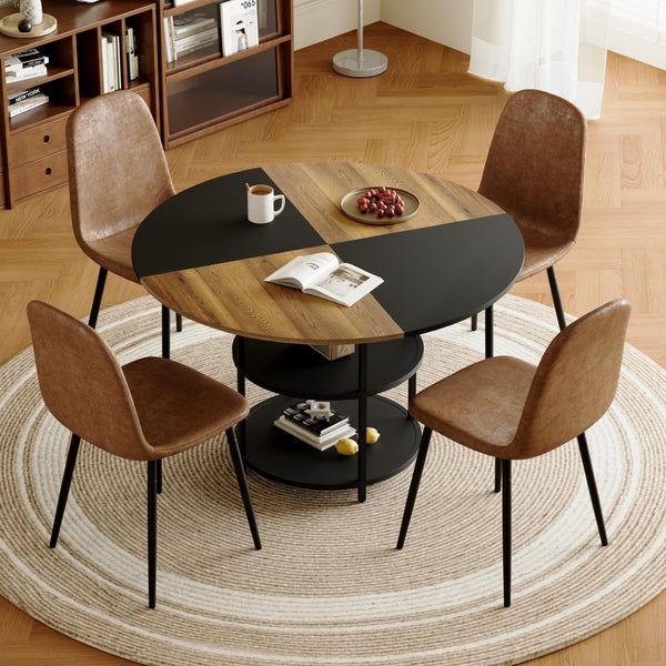 English Elm Table and Chair Set Round 47 Inch Geometric Mdf Top with Storage Shelf 4 Upholstered Seats W1151S04076