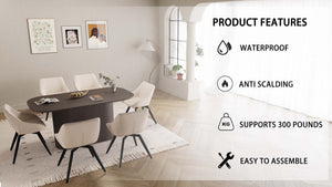 English Elm 63" Medieval-Modern Brown Mdf Dining Table Set With 6 Beige Pu Chairs & Black Metal Legs For Elegance W2189S00690