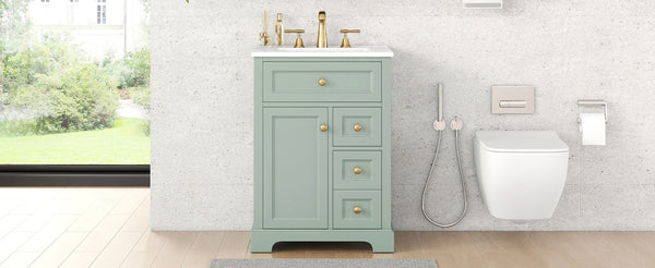 English Elm "24'' 24 Inch Glossy Freestanding Bathroom Vanity with Gold Hardware and Soft Close Storage Green Pinewood N725P375495F