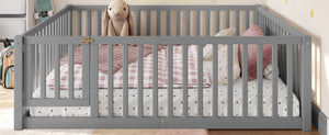 English Elm Twin Floor Bed Pine Wood Frame with Guardrails and Door for Safe Toddler Sleep Gray W1580P418052
