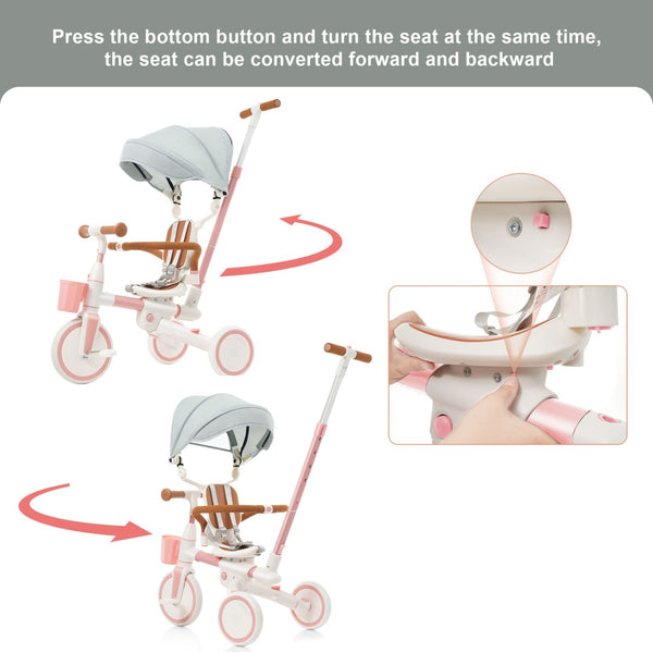 English Elm 7 in 1 Convertible Toddler Tricycle Aluminum Frame Push Trike with Rotating Seat Canopy Pink N726P300636G