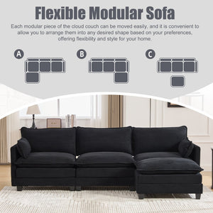 English Elm United We Win Modular Corduroy Sectional with Ottoman Low Profile Living Room Couch Black W1568S00260