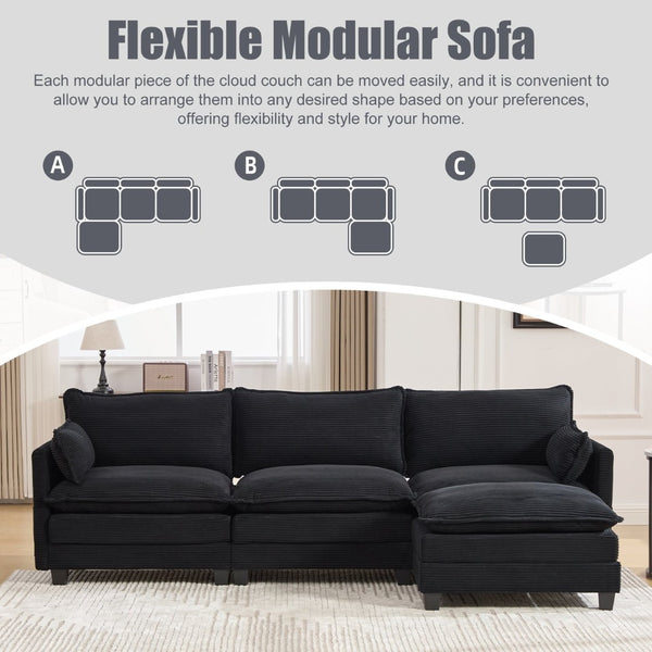 English Elm United We Win Modular Corduroy Sectional with Ottoman Low Profile Living Room Couch Black W1568S00260