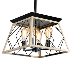 English Elm 16" Oak Industrial 4-Light Pendant Chandelier Rustic Metal Cage, Adjustable 0-40" Chain, E26 Bulb Ready W2312P368672