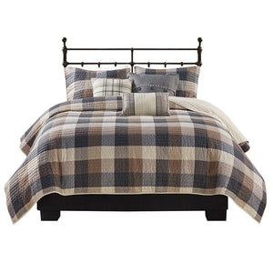 English Elm 6 Piece Reversible Herringbone Quilt Set With Cozy Buffalo Plaid & Embroidered Pillows - Full/Queen B03597577