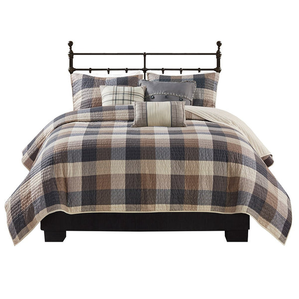 English Elm 6 Piece Reversible Herringbone Quilt Set With Cozy Buffalo Plaid & Embroidered Pillows - Full/Queen B03597577