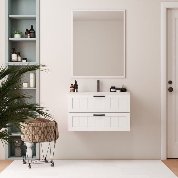 English Elm 31.5inch Floating Bathroom Cabinet with Dual Soft-Close Drawers, Large Storage, Modern Decor Line White W3151S00002