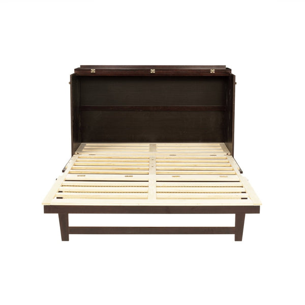 English Elm Queen Size Murphy Bed - Elegant Pine Cabinet With Rattan Accents, Espresso Finish & Storage Drawer W504S00230-GIGA