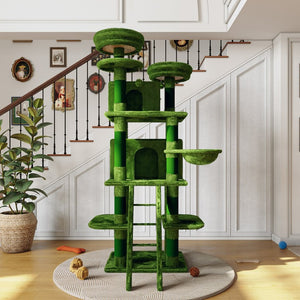 English Elm Large 7 Tier Plush Cat Tree with Dual Condos Hammock Sisal Posts for Multi Cat Homes Green W1578P447622