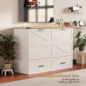 English Elm Queen Murphy Cabinet Bed Rustic Grey Farmhouse Style with Charging Station Storage W5271S00002