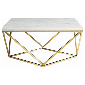 English Elm Orion White and Gold Coffee Table — Faux Marble Top, Geometric Brass Metal Base for Modern Living Room Elegance B062P353484