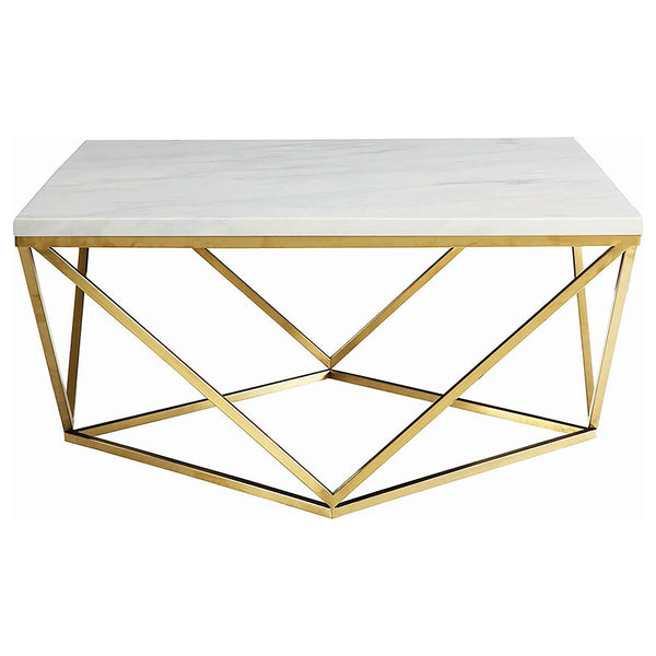 English Elm Orion White and Gold Coffee Table — Faux Marble Top, Geometric Brass Metal Base for Modern Living Room Elegance B062P353484