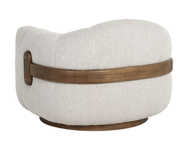 Sunpan TADEO Swivel Armchair - Exquisite Dove Cream Upholstery with Warm Brown Oak Base & Brass Accents 112269