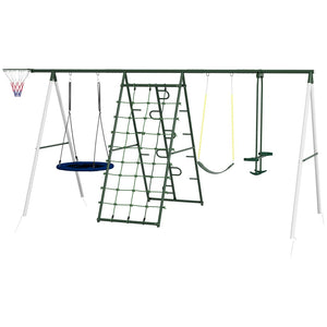 English Elm Outsunny Heavy Duty Steel Backyard Playset with Saucer Swing Slide and Climbing Net W2225P217339