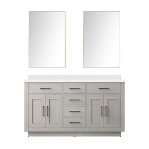 English Elm White Oak Double Bath Vanity 60” With White Quartz Top & 55” Frameless Mirror, Stylish Storage Solution B2731S01411-GIGA