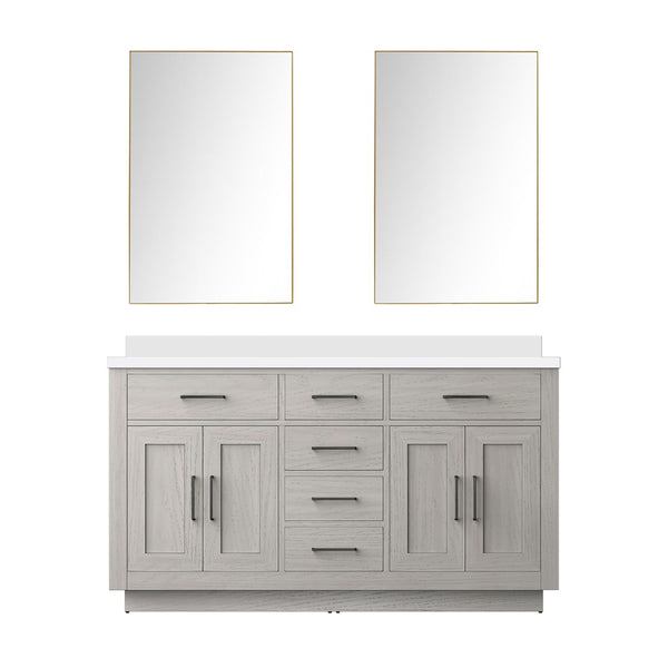 English Elm White Oak Double Bath Vanity 60” With White Quartz Top & 55” Frameless Mirror, Stylish Storage Solution B2731S01411-GIGA