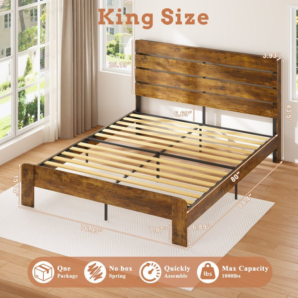 English Elm King Platform Bed with Led Headboard Charging Station and Under Storage Rustic Brown W1550P366934