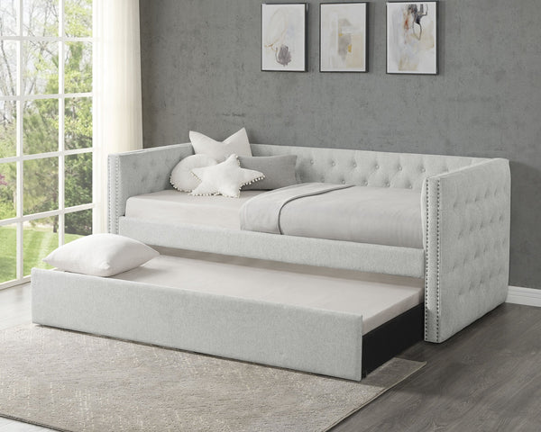 English Elm Luxurious Tufted Daybed with Nailhead Trim and Built-In Trundle — Elegant Rolled Arms, Plush Fabric Comfort Gray 86.22 L x 14.76 W x 9.06 H B011S01636