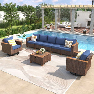 English Elm K&k 8 Piece Outdoor Wicker Sectional Set with Swivel Rockers and Acacia Storage Table Blue+Brown N707S005016E