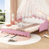 English Elm Twin Extending Daybed With Led Lights, Modern Upholstered Princess Daybed With Crown Headboard,Pink