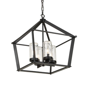 Uttermost Evanston Lantern Pendant Four Light Matte Black Seeded Glass Outdoor Rated