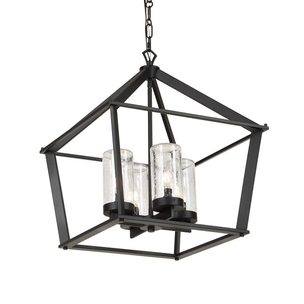 Uttermost Evanston Lantern Pendant Four Light Matte Black Seeded Glass Outdoor Rated