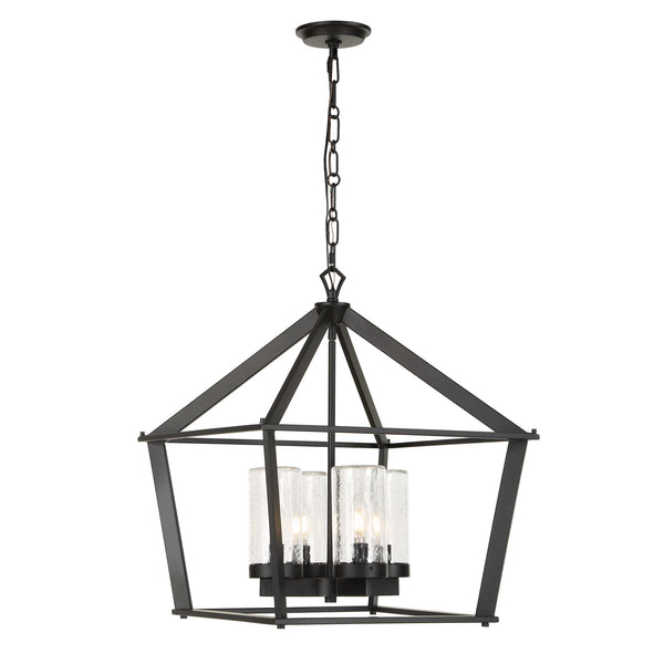 Uttermost Evanston Lantern Pendant Four Light Matte Black Seeded Glass Outdoor Rated