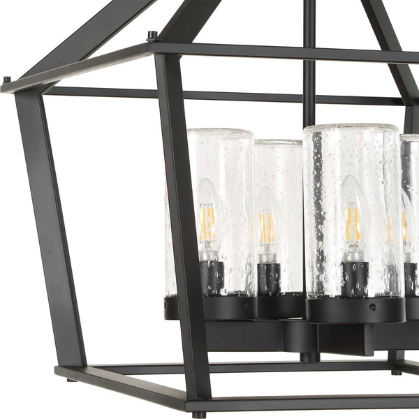 Uttermost Evanston Lantern Pendant Four Light Matte Black Seeded Glass Outdoor Rated