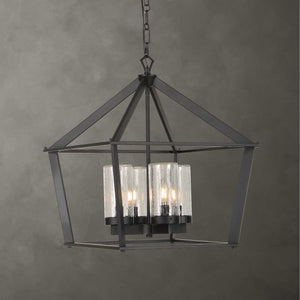 Uttermost Evanston Lantern Pendant Four Light Matte Black Seeded Glass Outdoor Rated
