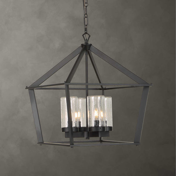Uttermost Evanston Lantern Pendant Four Light Matte Black Seeded Glass Outdoor Rated