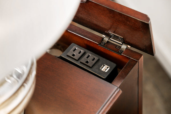 English Elm Transitional Side Table with Built-In USB & Power Dock, Pull-Out Cup Holder and Spacious Cabinet Storage Cherry 15 L x 27 W x 26 H B2741P341685