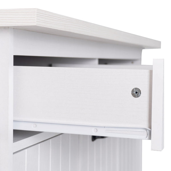 English Elm K&K Kitchen Island with Tilt-Out Trash Can, Drop Leaf Counter, Adjustable Shelf, Rolling Cart Ameican White Oak WF326381AAW