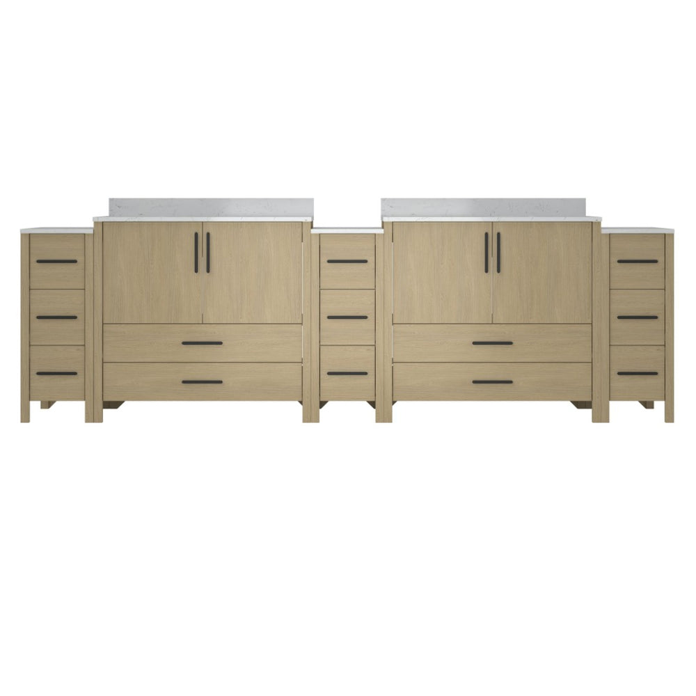 English Elm 108"w×22"d×34"h Freestanding Double Sink Vanity with White Countertop Soft Close T3785S00009