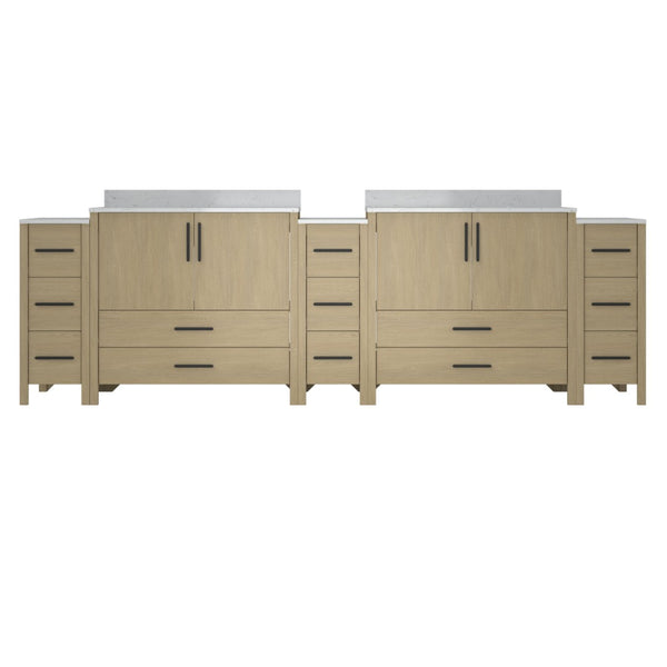 English Elm 108"w×22"d×34"h Freestanding Double Sink Vanity with White Countertop Soft Close T3785S00009