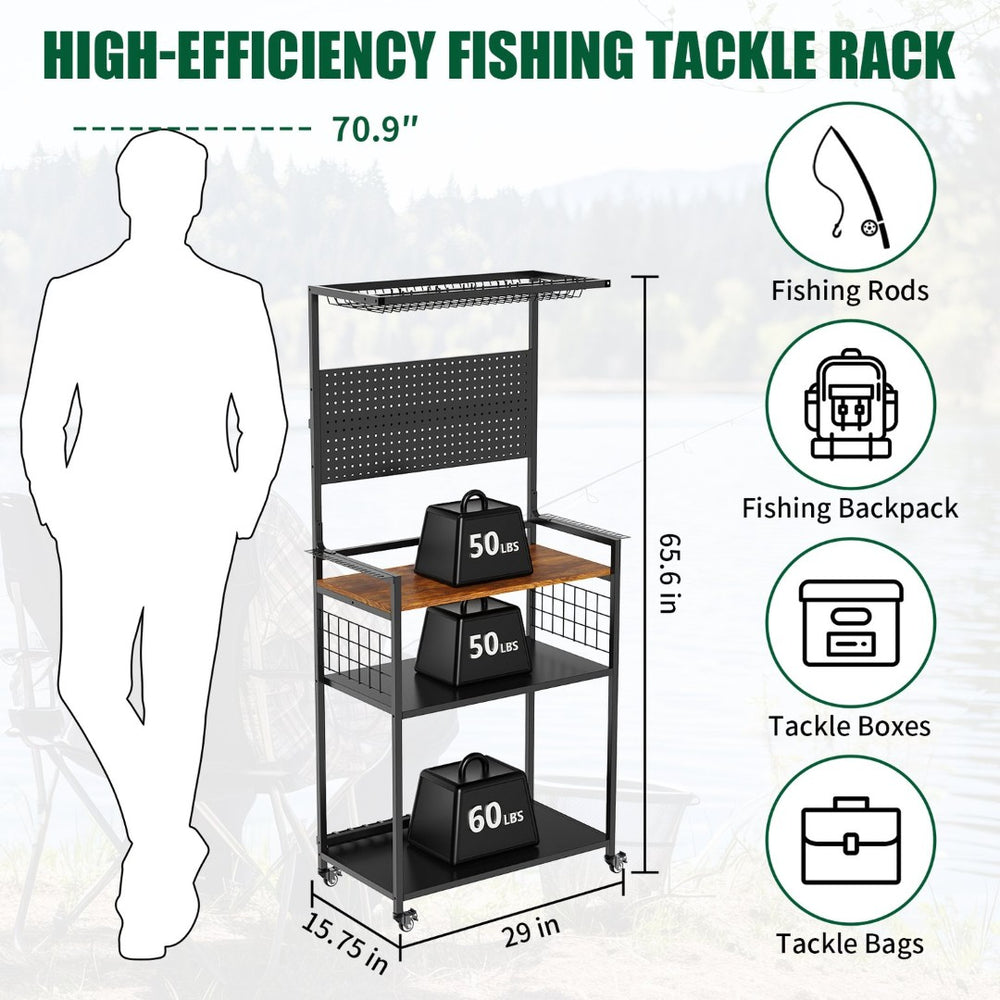 English Elm Fishing Rod Rack Rolling Organizer with Pegboard Multi-tier Metal Stand Lockable Wheels W3190P404246