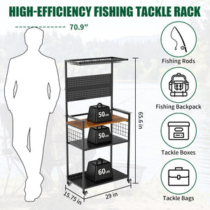English Elm Fishing Rod Rack Rolling Organizer with Pegboard Multi-tier Metal Stand Lockable Wheels W3190P404246