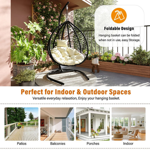 English Elm U_style Wicker Egg Swing Chair with Iron Stand Foldable Hanging Seat for Porch Balcony N711P389502A