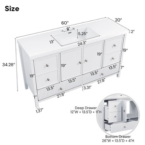 English Elm 60" Freestanding Bathroom Vanity Fluted Fronts Soft Close Drawers Drop-in Sink White N817P404100W
