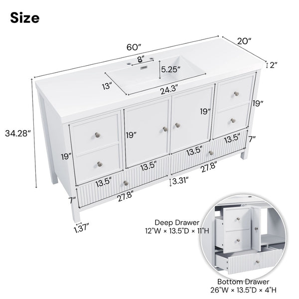 English Elm 60" Freestanding Bathroom Vanity Fluted Fronts Soft Close Drawers Drop-in Sink White N817P404100W