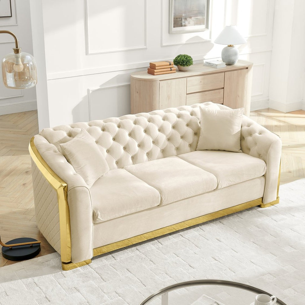 English Elm 2 Piece Chesterfield Velvet Sofa Set with Gold Steel Trim Tufted Living Room Suite Beige W1191S00119