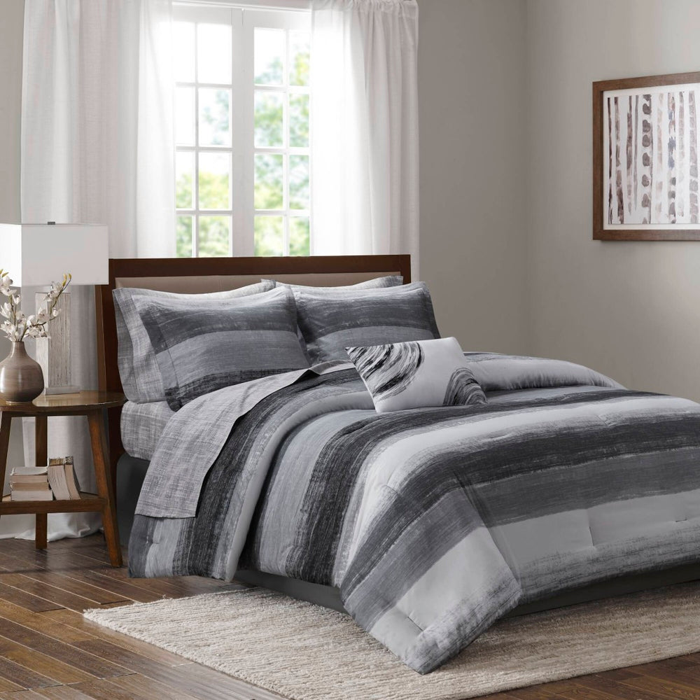English Elm 9-piece Queen Watercolor Stripe Comforter Set with Cotton Blend Sheets and Bed Skirt B035P408251