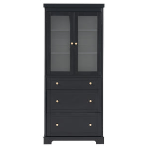 English Elm 70.1" Modern Tall Storage Cabinet with 3 Drawers, 2 Adjustable Shelves, Soft-Close Glass Doors, Gold Handles Black N729P271979B